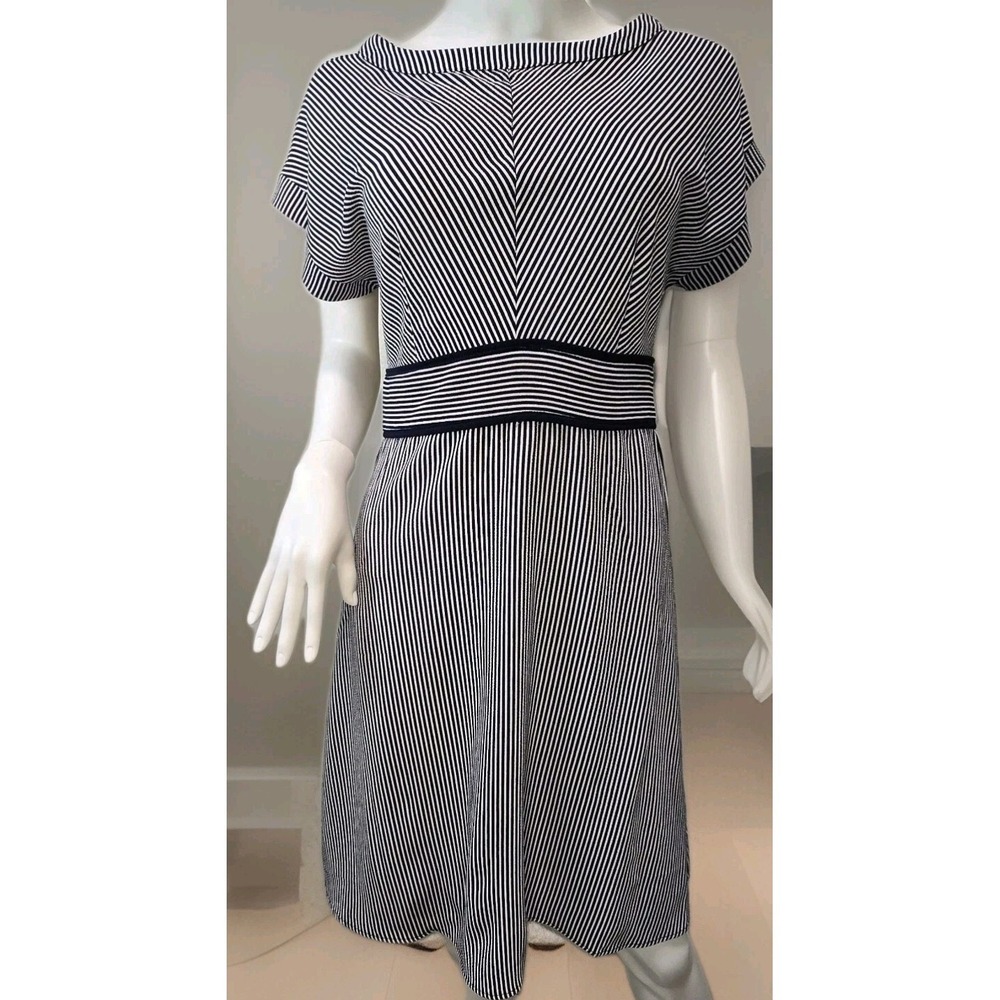 Monteau Los Angeles Womens Dress L Navy White Striped A-Line Empire Waist Flutte